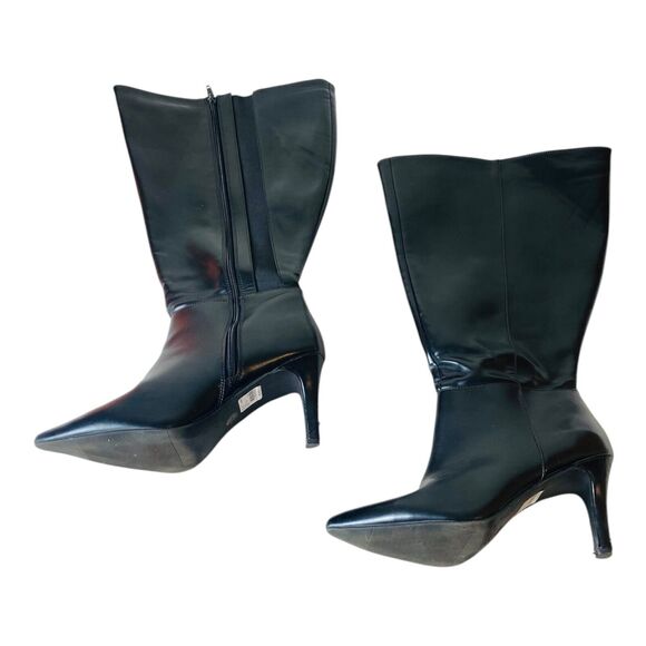 Womens Wide Calf Side Zip Pointed Toe Faux Leather Black Moto Boots US 8.5W - Picture 3 of 14